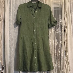 120% Lino dress Olive Green Button-Front Shirt Dress size 40 like an 8